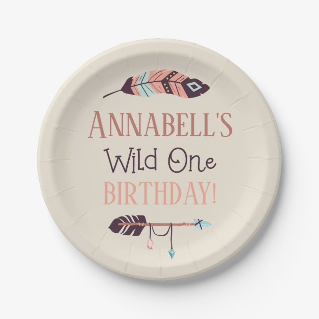 Boho Chic Wild ONE Girly Birthday Party Paper Plate (Front)