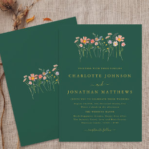 Boho Chic Wildflower Fall Green & Gold Wedding Invitation