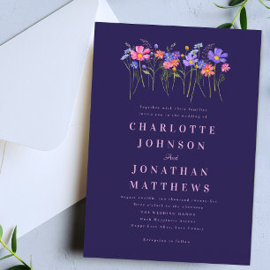 Boho Chic Wildflower Navy Blue Pink Floral Wedding Invitation