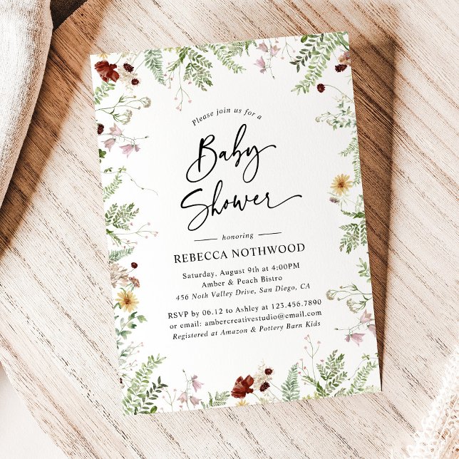 Boho Chic Wildflowers Baby Shower with Green Invitation (Creator Uploaded)