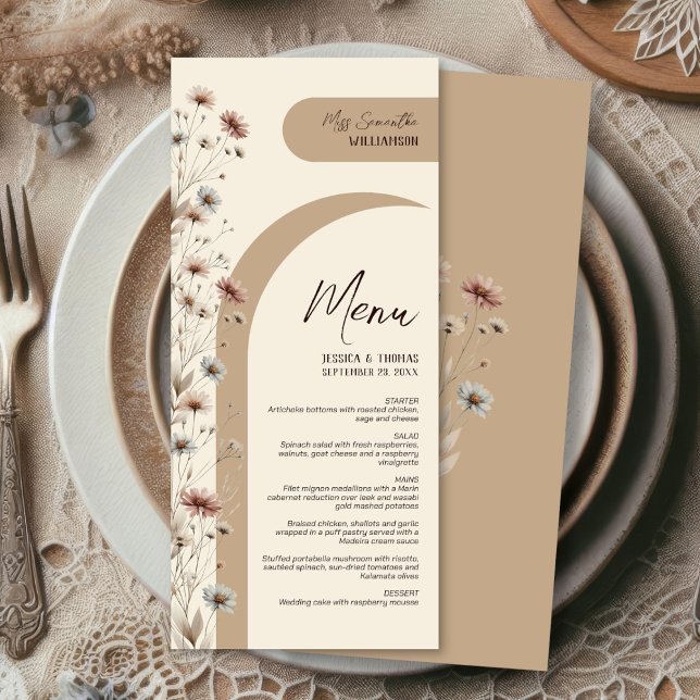 Boho Chic Wildflowers Elegant Wedding Personalised Menu (Front/Back)