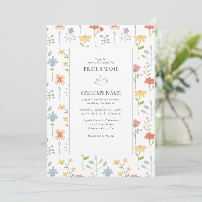 Boho Chic Wildflowers Modern Floral Wedding Invitation (Standing Front)