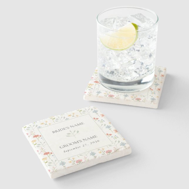 Boho Chic Wildflowers Modern Floral Wedding Stone Coaster (Side)