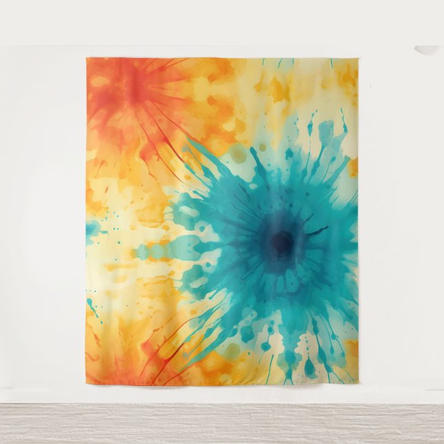 Boho Chic Yellow and Teal Tie Dye Design Tapestry (Front)