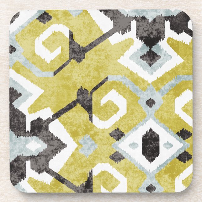 Boho chic yellow ikat tribal pattern monogram coaster (Front)