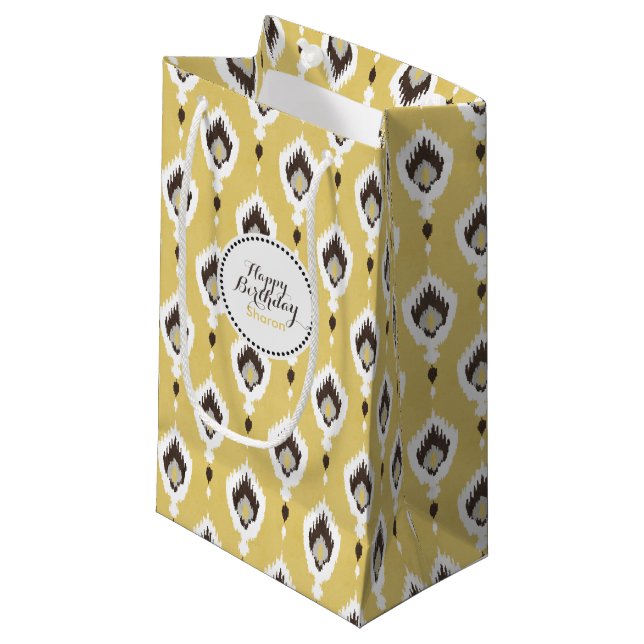 Boho chic yellow ikat tribal pattern monogram small gift bag (Front Angled)
