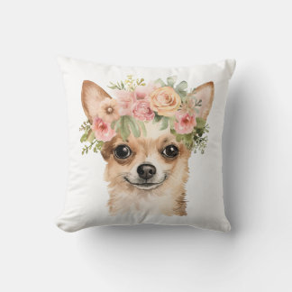 Boho Chihuahua Flower Crown Watercolor Cushion