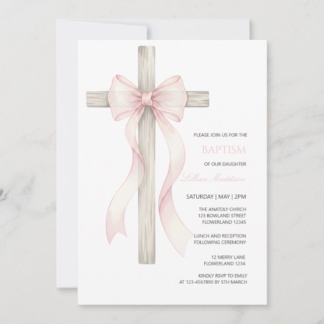 Boho Christening Baptism girl bow invitation (Front)