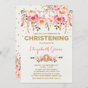 Boho Christening Pink Gold Floral Dream Catcher Invitation