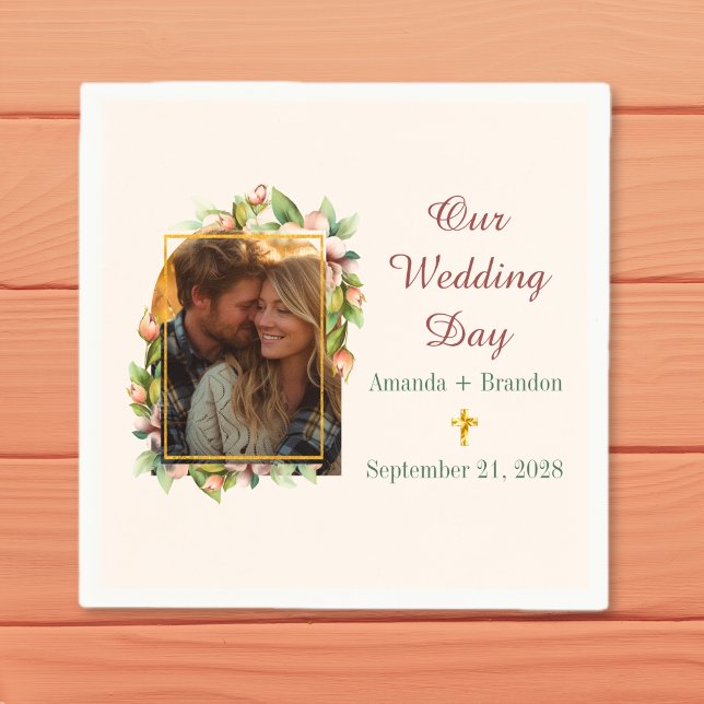 Boho Christian Cross Floral Arch Photo Wedding Napkin (Boho Christian Cross Floral Arch Photo Wedding Napkins)