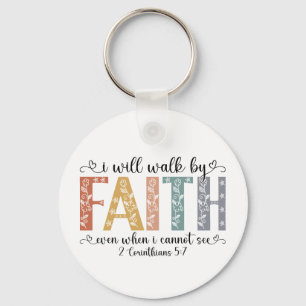 Boho Christian Walk by Faith Bible Verse Floral Key Ring