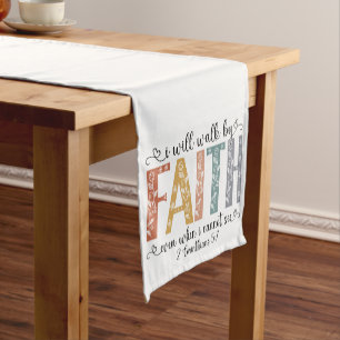 Boho Christian Walk by Faith Bible Verse Floral Short Table Runner