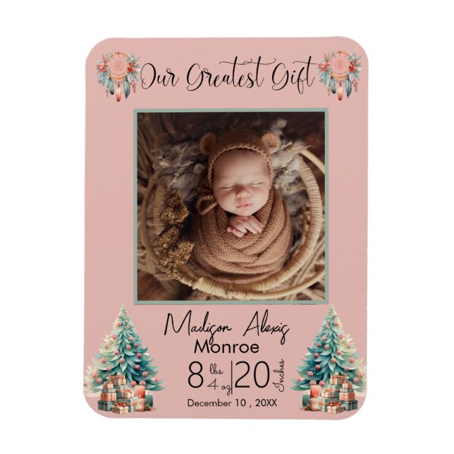Boho Christmas Baby Stats Birth Announcement Magnet (Vertical)