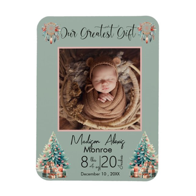 Boho Christmas Baby Stats Birth Announcement Magnet (Vertical)