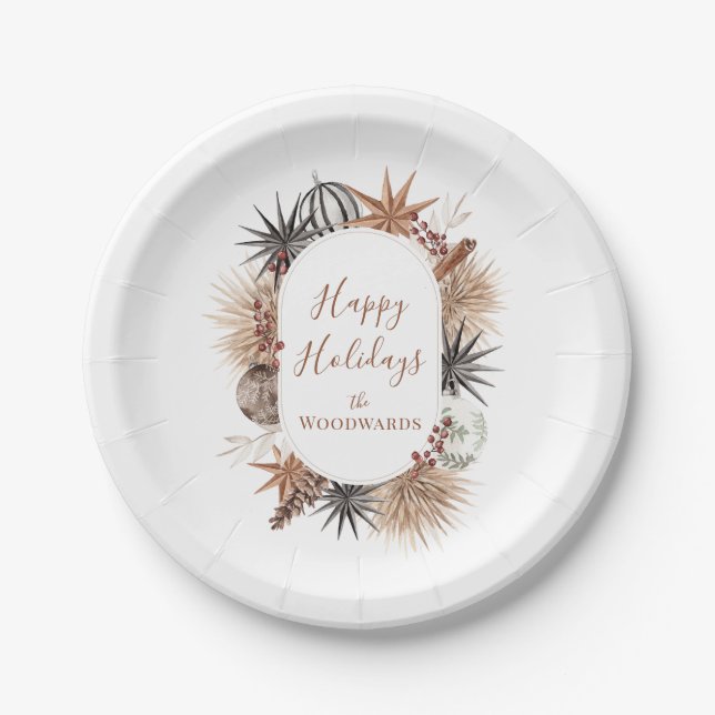 Boho Christmas Botanicals Personalised Paper Plate (Front)