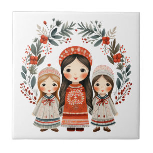 Boho Christmas Girls Scandinavian Folk Art Ceramic Tile