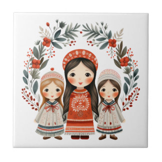 Boho Christmas Girls Scandinavian Folk Art Ceramic Tile