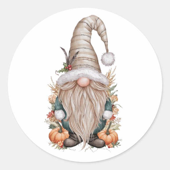 Boho Christmas gonk standing in a pumpkin patch an Classic Round Sticker (Front)