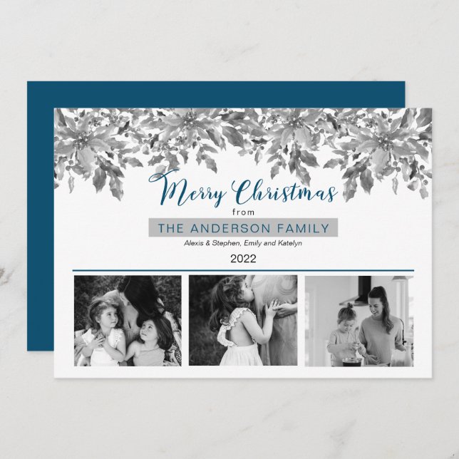 Boho Christmas Greenery Merry Christmas 3 Photo Holiday Card (Front/Back)