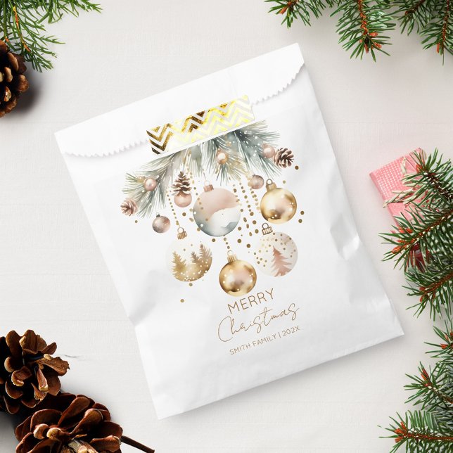 Boho Christmas holiday snowy pines gold baubles Favour Bag (Boho Christmas holiday snowy pines gold baubles Favor Bag Christmas party favor bags)