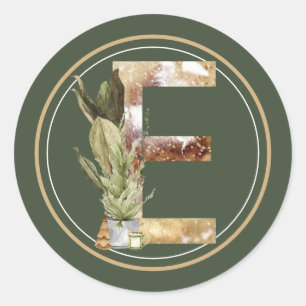 Boho Christmas Monogram E with Tree Classic Round Sticker