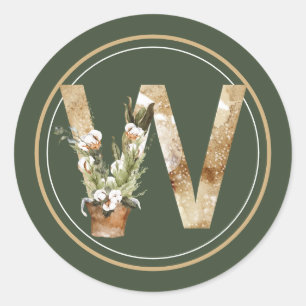 Boho Christmas Monogram W with Cotton Arrangement Classic Round Sticker