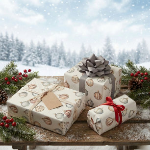 Boho Christmas Ornaments  Warm Vintage Winter Wrapping Paper Sheet