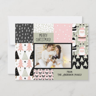 Boho Christmas Pattern Collage Pink Sage Photo Holiday Card