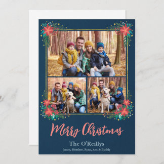 Boho Christmas Photo Card, Floral Gold Frame Holiday Card