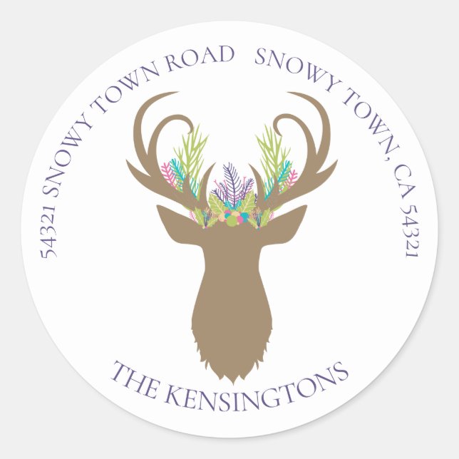 Boho Christmas Reindeer Lavender Teal Address Classic Round Sticker (Front)