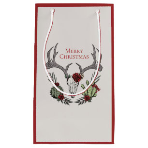 Boho Christmas Skull, Antlers, Roses and Cactus Small Gift Bag