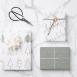 Boho Christmas Trees Falala Green Holiday Wrapping Paper Sheet<br><div class="desc">This cute boho holiday wrapping paper features a set of 3 different designs of wrapping papers. 1. A white background with christmas trees in shade of tan and green. 2. A white background with falala in script lettering. 3. A sage green background with snow patterns. Change the background colour and...</div>