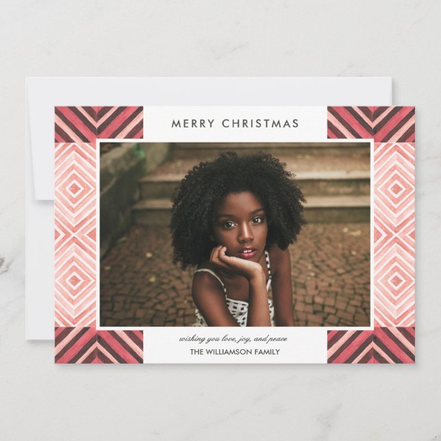 Boho Christmas Watercolor Tiles | Red | Photo Holiday Card (Front)