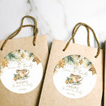 Boho Christmas winter bridal shower tea party favo Classic Round Sticker<br><div class="desc">Christmas winter themed bridal shower tea party favour thank you stickers,  watercolor cup of tea with snowflakes poinsettia and cookies pine branches modern casual font winter bridal shower favour stickers</div>
