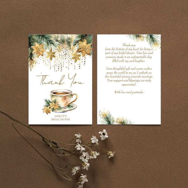 Boho Christmas winter bridal shower tea party Thank You Card (Boho Christmas winter bridal shower tea party Thank You Card watercolor gold poinsettia pines thank)