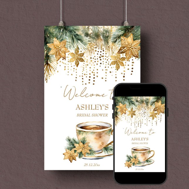 Boho Christmas winter bridal shower welcome sign (Boho Christmas winter bridal shower editable template welcome sign poster digital download gold pine)