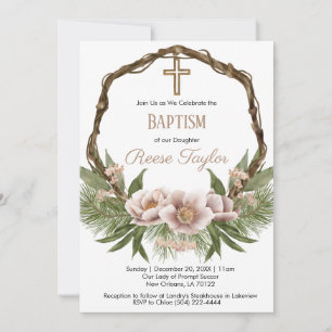 Boho Christmas Wooden Wreath Baptism Invitation