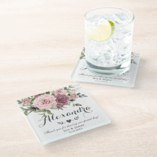 Boho Cinnamon Rose Blush Pink Floral Wedding Glass Coaster