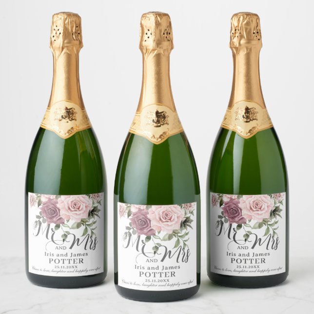 Boho Cinnamon Rose Blush Pink Floral Wedding Sparkling Wine Label (Bottles)
