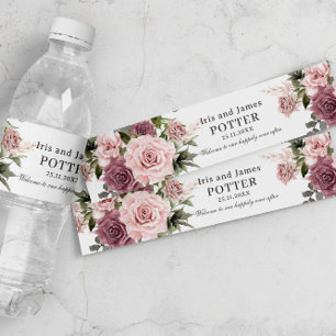 Boho Cinnamon Rose Blush Pink Floral Wedding Water Bottle Label