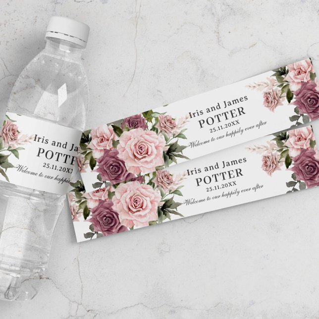 Boho Cinnamon Rose Blush Pink Floral Wedding Water Bottle Label (Creator Uploaded)