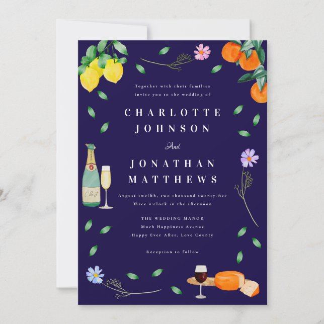Boho Citrus & Wine Navy Blue Wedding Invitation (Front)