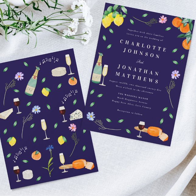 Boho Citrus & Wine Navy Blue Wedding Invitation (Wildflower boho citrus floral wine and cheese navy blue Wedding invitation barn backyard wedding)