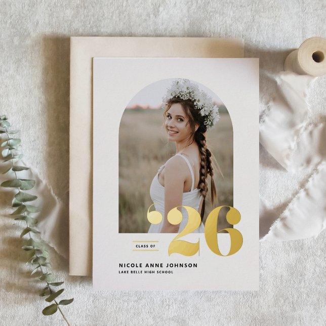 Boho Class of 2025 Arch Photo Graduation (Customizable gold foil photo graduation invitation featuring retro bold typography. )