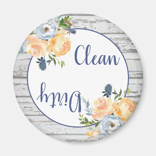Boho Clean Dirty Floral Wood Dishwasher Magnet (Front)