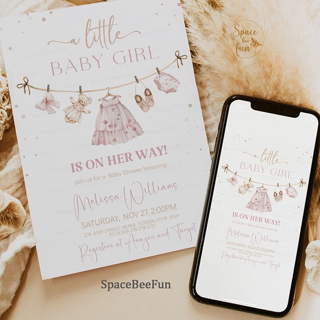 Boho Clothes Baby Shower Invitation (boho baby shower invitation, pink blush baby shower, baby girl shower invite, boho baby clothes them)