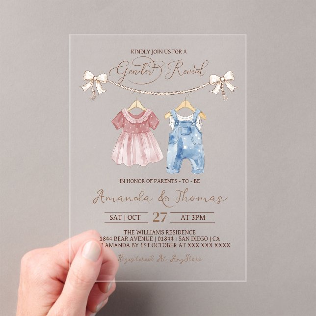 Boho Clothes Gender Reveal Acrylic Invitations (Insitu (Handheld))