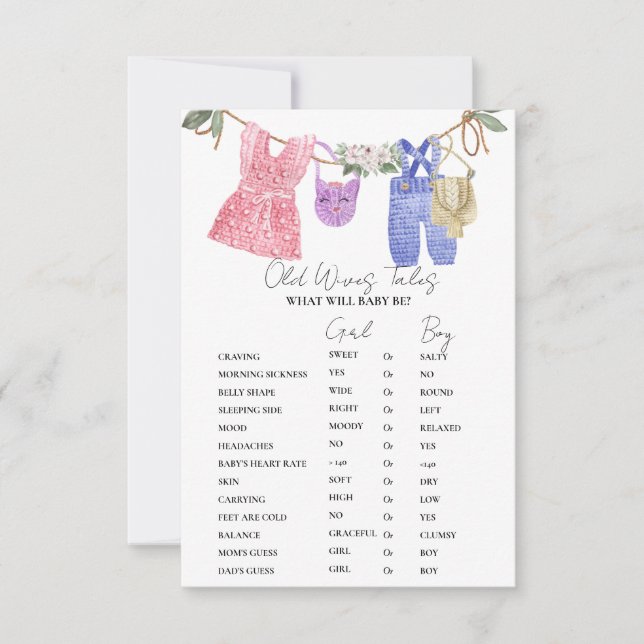 Boho Clothes Old WIves Tales Baby shower Game Card (Front)