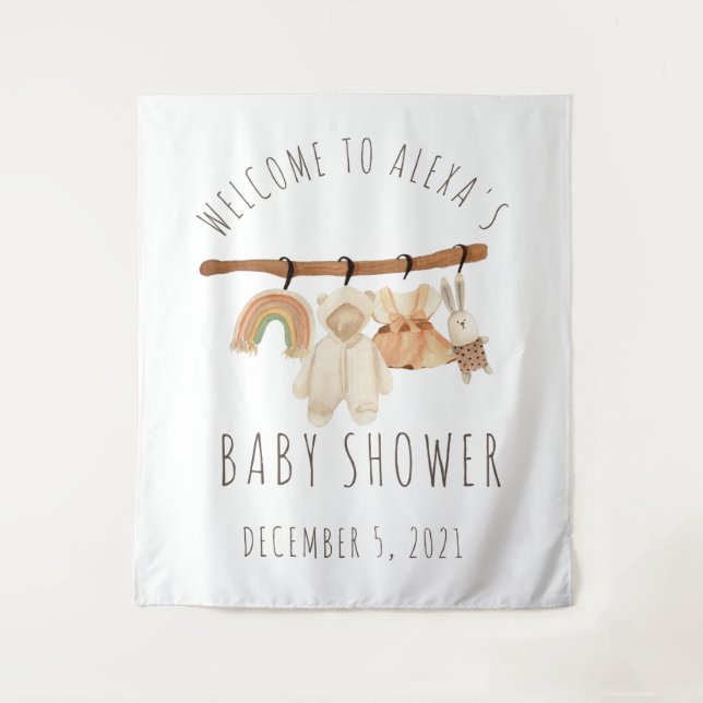 Boho Clothesline Baby Shower Welcome Sign Tapestry (Front)