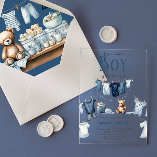 Boho Clothesline Blue Sweet Boy Baby Shower Acrylic Invitations (Creator Uploaded)